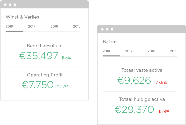 De volgende financiële gegevens zijn altijd terug te vinden in onze rapporten: winst en verlies; balansgegevens; belangrijkste financiële ratio's; cash flow, liquiditeit, reserves & werkkapitaal